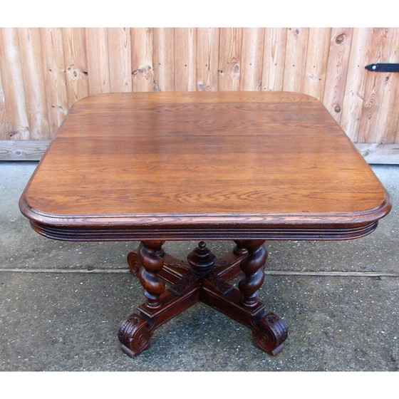Image 1 of Eikenhouten vintage tafel met gebeeldhouwd onderstel op spiraalvormige kolommen