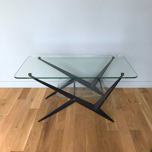 Vintage glazen en zwart metalen salontafel van Angelo Ostuni, 1950