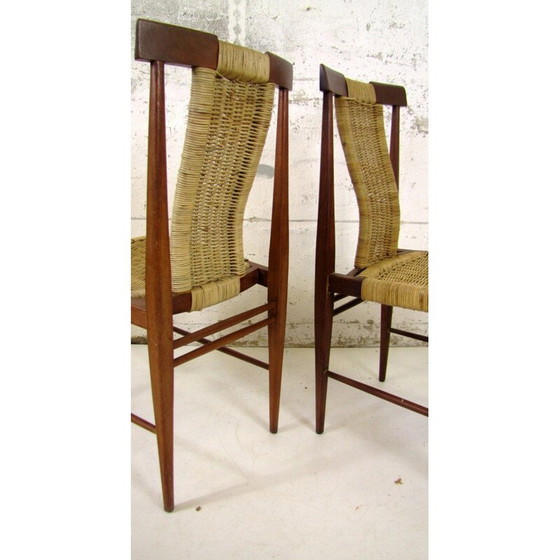 Image 1 of Set van 2 vintage eetkamerstoelen van hout en riet, jaren 1960