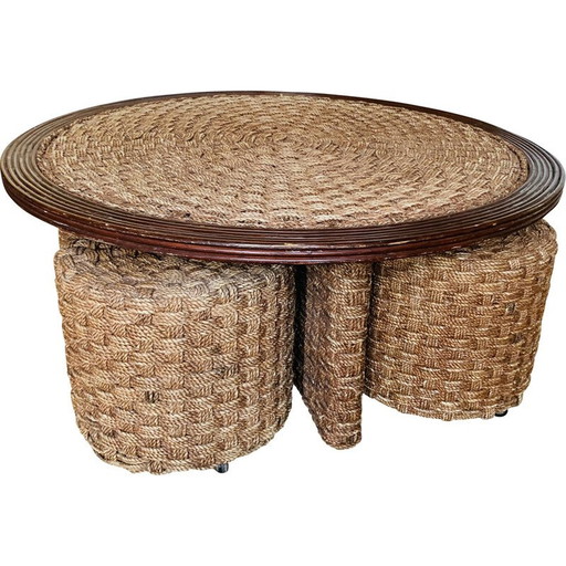 Vintage geweven touw en rotan eetset