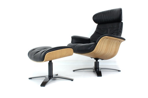 Als nieuw! Multifunctionele Scandinavische Loungestoel / Fauteuil met Leer en Eik