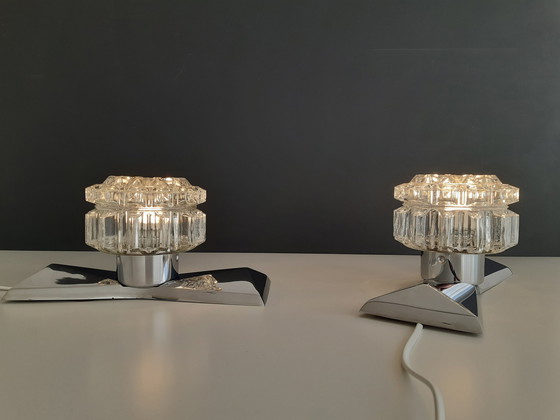 Image 1 of Set van 2 Richard Essig MCM Verchroomde Wandlampen met Kristalglazen Kap