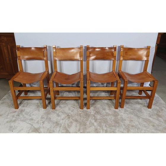 Image 1 of Set van 4 vintage stoelen in massief iepenhout en leer van Maison Regain, 1960