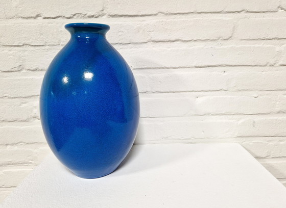 Image 1 of Boch Frères Art Deco Vase, Blauw Craquelé 1920s