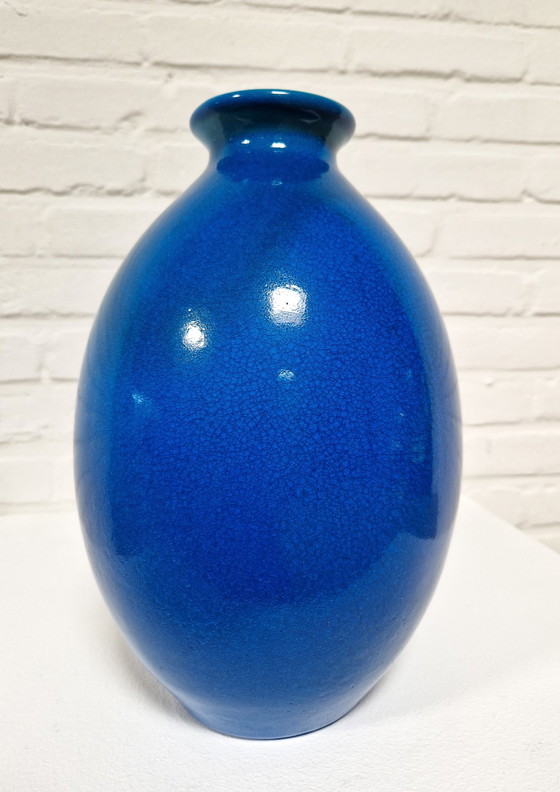 Image 1 of Boch Frères Art Deco Vase, Blauw Craquelé 1920s