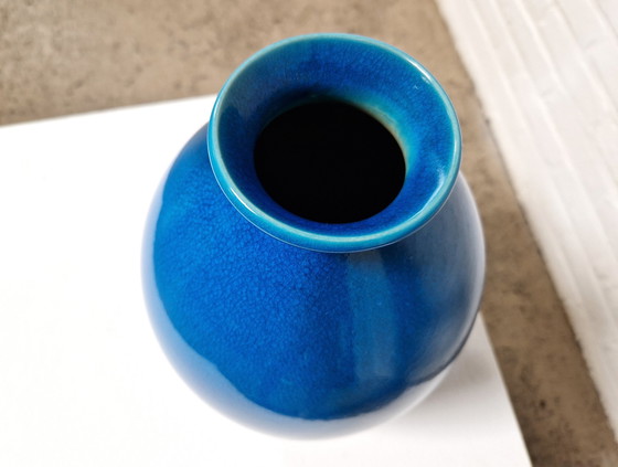 Image 1 of Boch Frères Art Deco Vase, Blauw Craquelé 1920s