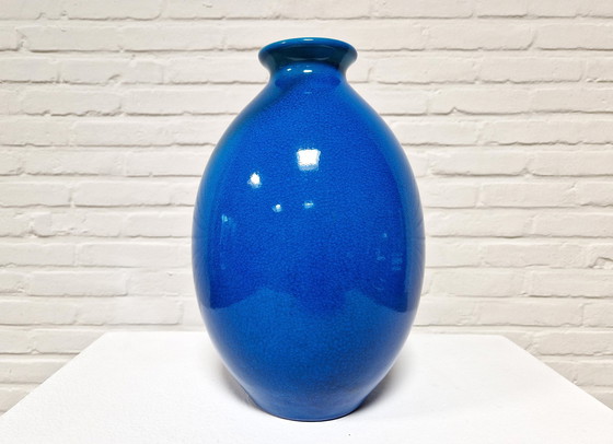 Image 1 of Boch Frères Art Deco Vase, Blauw Craquelé 1920s