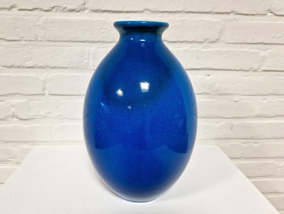 Image 1 of Boch Frères Art Deco Vase, Blauw Craquelé 1920s