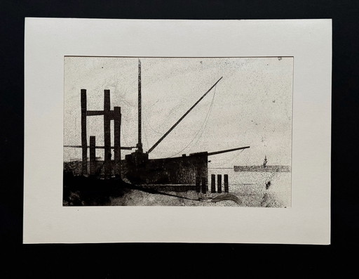 Eugene Eechaut (1928-2019) Inktcompositie met een schip. 1975