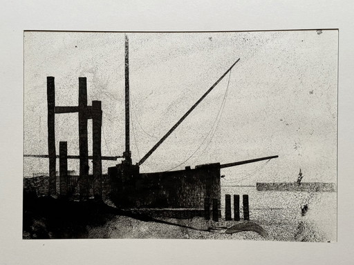 Eugene Eechaut (1928-2019) Inktcompositie met een schip. 1975