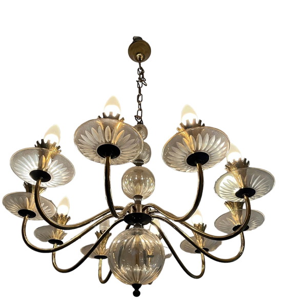 Image 1 of 1x Vintage Brass and Edged Glass Chandelier by Lightolier