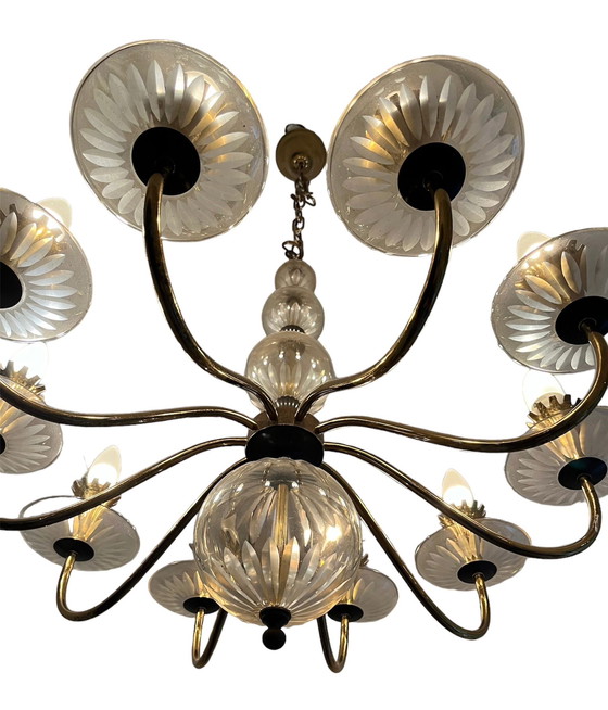 Image 1 of 1x Vintage Brass and Edged Glass Chandelier by Lightolier