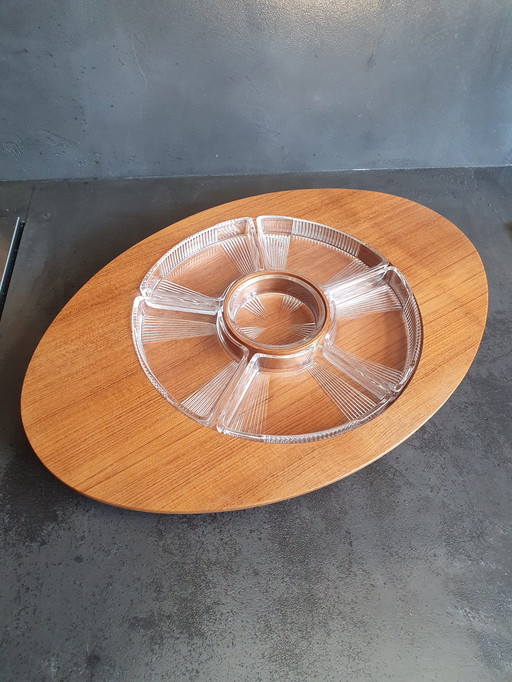 Vintage Hapjesschaal / presenteerblad hout en glas