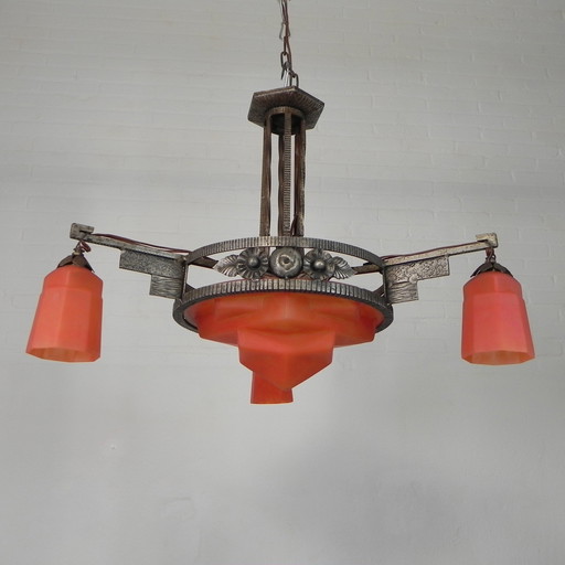 Art Deco Hanglamp Met Glazen Schaal En 3 Kelkjes, Jaren 30