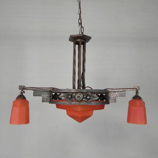 Art Deco Hanglamp Met Glazen Schaal En 3 Kelkjes, Jaren 30