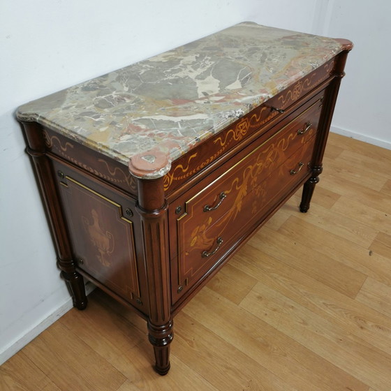 Image 1 of Vintage Ladekast Met Marmer Blad Dressoir Commode Badkamermeubel