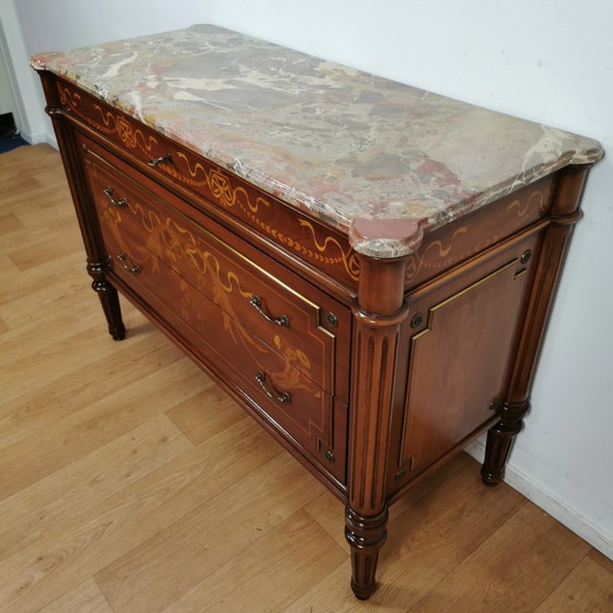 Image 1 of Vintage Ladekast Met Marmer Blad Dressoir Commode Badkamermeubel