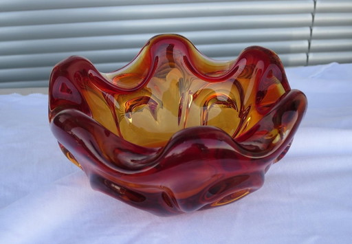 Glazen amberkleurig Mid Century middenstuk Schaal Vintage