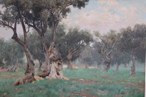 Italiaans antiek olieverfschilderij op canvas, Olijfgaardlandschap