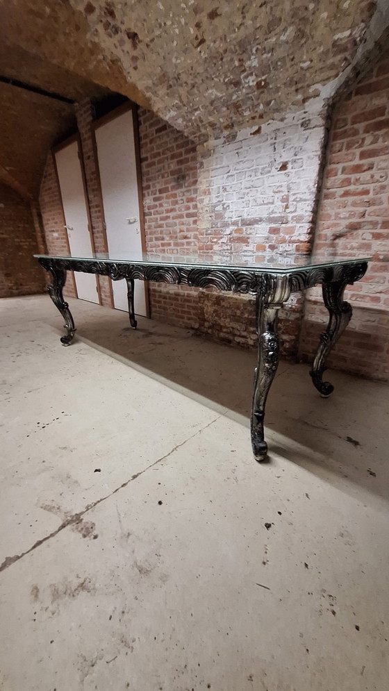 Image 1 of Barok tafel met nieuw gelaagd en gecraqueleerde glasplaat