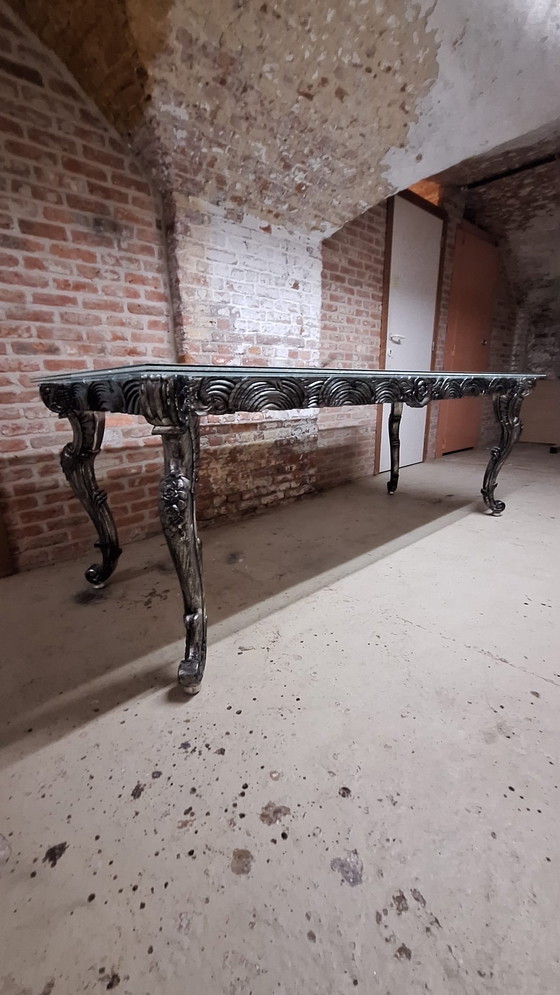 Image 1 of Barok tafel met nieuw gelaagd en gecraqueleerde glasplaat