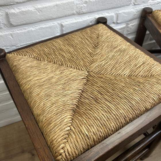 Image 1 of 2x Vintage houten Mid Century moderne rotan krukjes