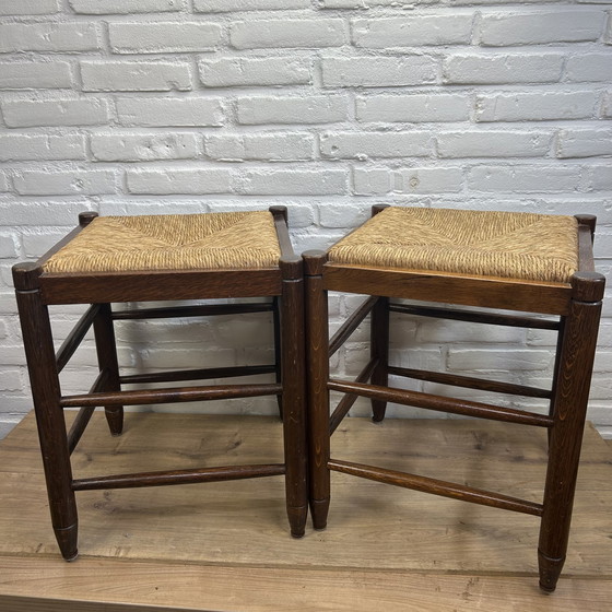 Image 1 of 2x Vintage houten Mid Century moderne rotan krukjes