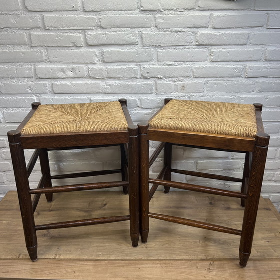 Image 1 of 2x Vintage houten Mid Century moderne rotan krukjes