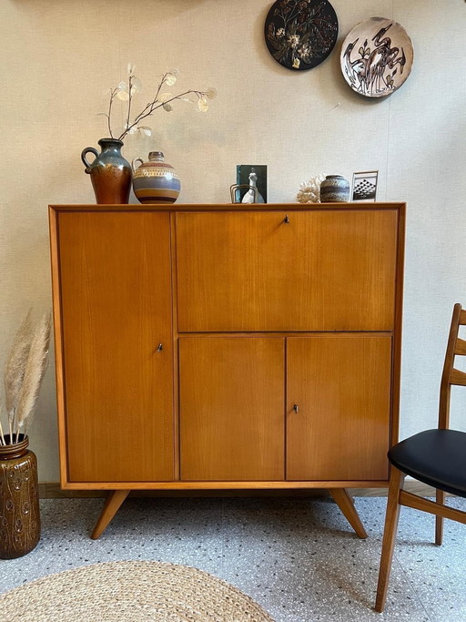 Jaren 60 Highboard Met Secretaire In Beuken Uitgevoerd