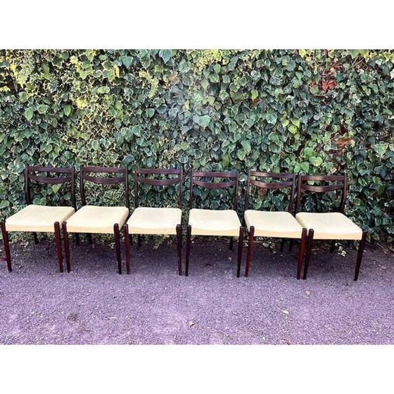Image 1 of Set van 6 Scandinavische vintage stoelen met lichtgele Skaï-zittingen