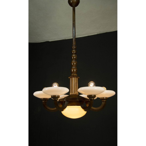 Vintage art deco kroonluchter van hout en glas, 1930