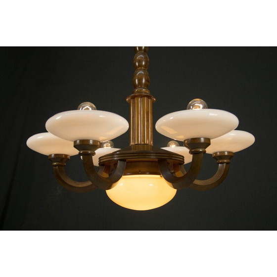 Image 1 of Vintage art deco kroonluchter van hout en glas, 1930