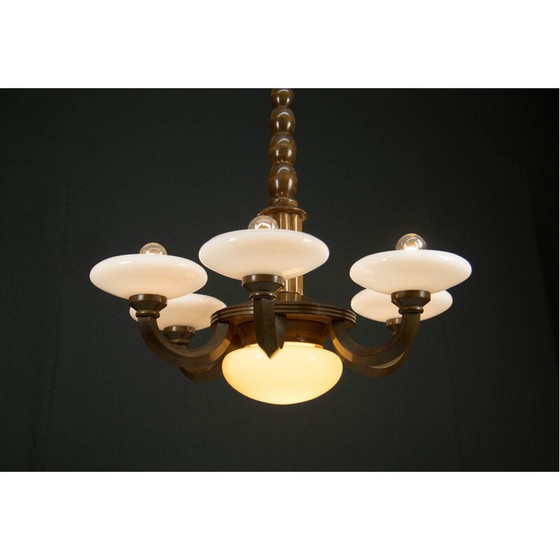Image 1 of Vintage art deco kroonluchter van hout en glas, 1930