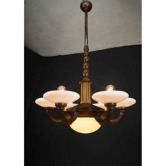 Image 1 of Vintage art deco kroonluchter van hout en glas, 1930