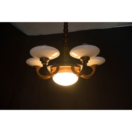 Image 1 of Vintage art deco kroonluchter van hout en glas, 1930