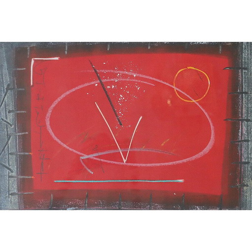 Vintage zwart en rood compositieschilderij, 1979