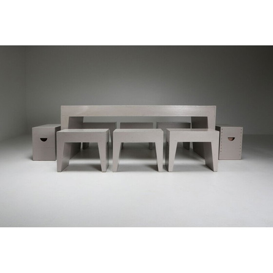 Image 1 of Vintage schooltafel en krukjes in grenenhout van Bossche Dom Hans van der Laan en Jan de Jong, Nederland 1960