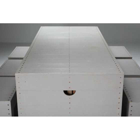 Image 1 of Vintage schooltafel en krukjes in grenenhout van Bossche Dom Hans van der Laan en Jan de Jong, Nederland 1960