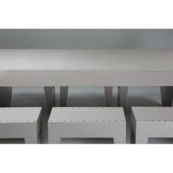 Image 1 of Vintage schooltafel en krukjes in grenenhout van Bossche Dom Hans van der Laan en Jan de Jong, Nederland 1960