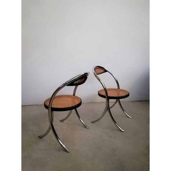 Image 1 of Set van 4 vintage eetkamerstoelen van verchroomd staal en Weens stro, Italië 1970