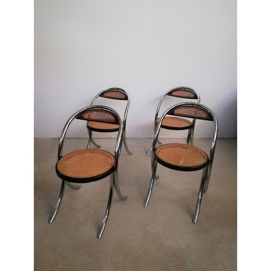 Image 1 of Set van 4 vintage eetkamerstoelen van verchroomd staal en Weens stro, Italië 1970