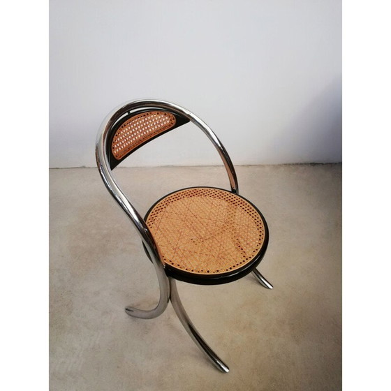 Image 1 of Set van 4 vintage eetkamerstoelen van verchroomd staal en Weens stro, Italië 1970