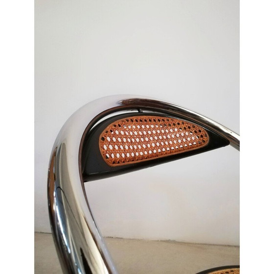 Image 1 of Set van 4 vintage eetkamerstoelen van verchroomd staal en Weens stro, Italië 1970