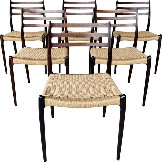 Image 1 of Set van 6 vintage rozenhouten stoelen door Niels Moller voor J L Møller Møbelfabrik, Denemarken 1960