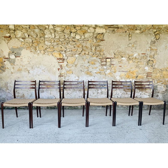 Image 1 of Set van 6 vintage rozenhouten stoelen door Niels Moller voor J L Møller Møbelfabrik, Denemarken 1960