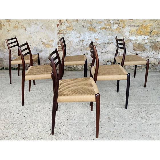 Image 1 of Set van 6 vintage rozenhouten stoelen door Niels Moller voor J L Møller Møbelfabrik, Denemarken 1960