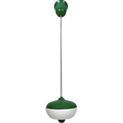 Vintage hanglamp in groene lak en melkglas, Italië 1950