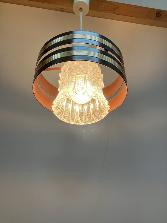 Image 1 of Vintage Design Hanglamp Jaren 70 Met Glazen Kap En Ring