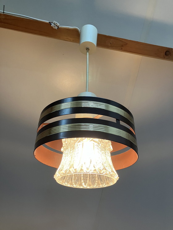 Image 1 of Vintage Design Hanglamp Jaren 70 Met Glazen Kap En Ring