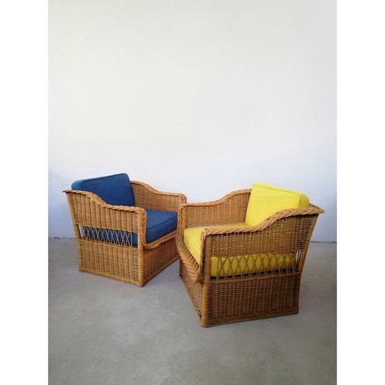 Image 1 of Paar vintage rieten en biezen fauteuils, jaren 1970